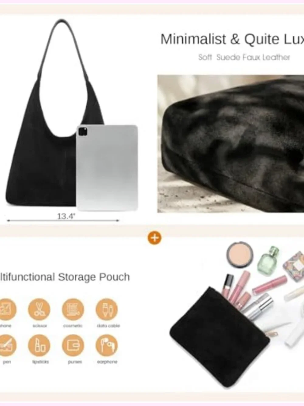 Slouchy Suede Hobo Bag for Women Faux Suede Leather Shoulder Tote Purse Work
